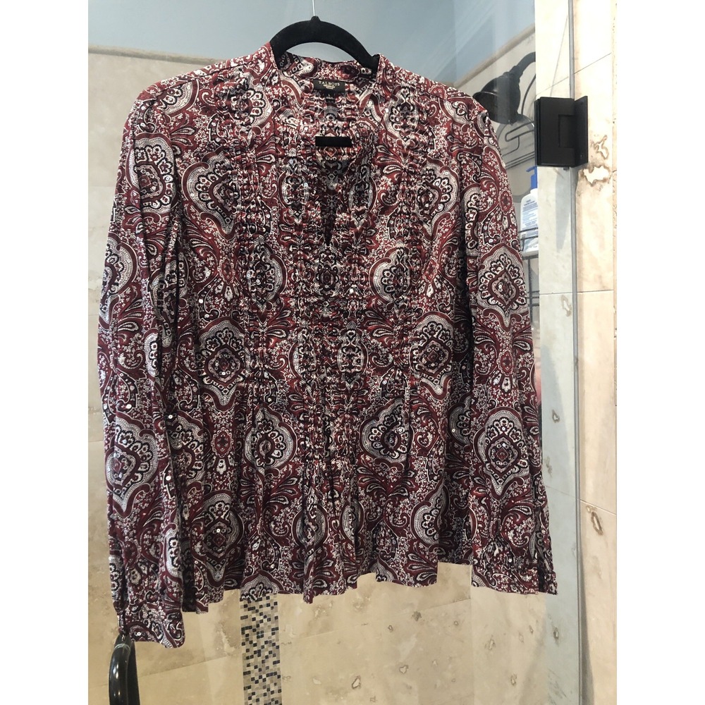 Talbots Red Paisley Sequin Blouse Petite Large LP Long Sleeve Cotton Pintuck Top